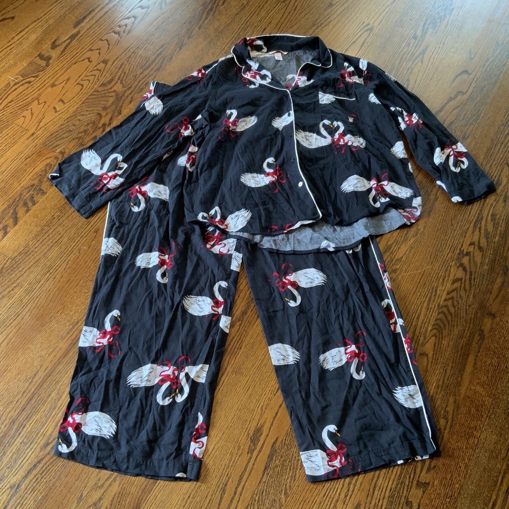 Victoria Secret Love Swans Print Black Pajama Button Down Top Pants Set XXL
